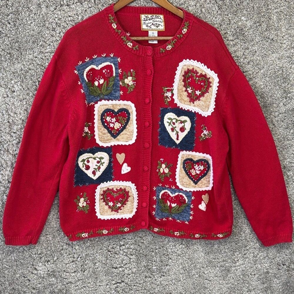 Vintage Heirloom Collectibles Red Heart Cardigan Sweater XL Embroidered